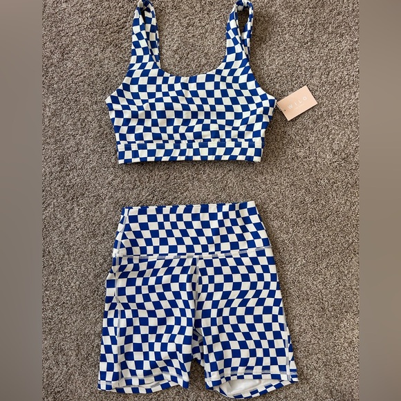Wilo The Label Pants - NWT Wilo The Label Blue and White Check The Wave Bike shorts and Bra set. Medium